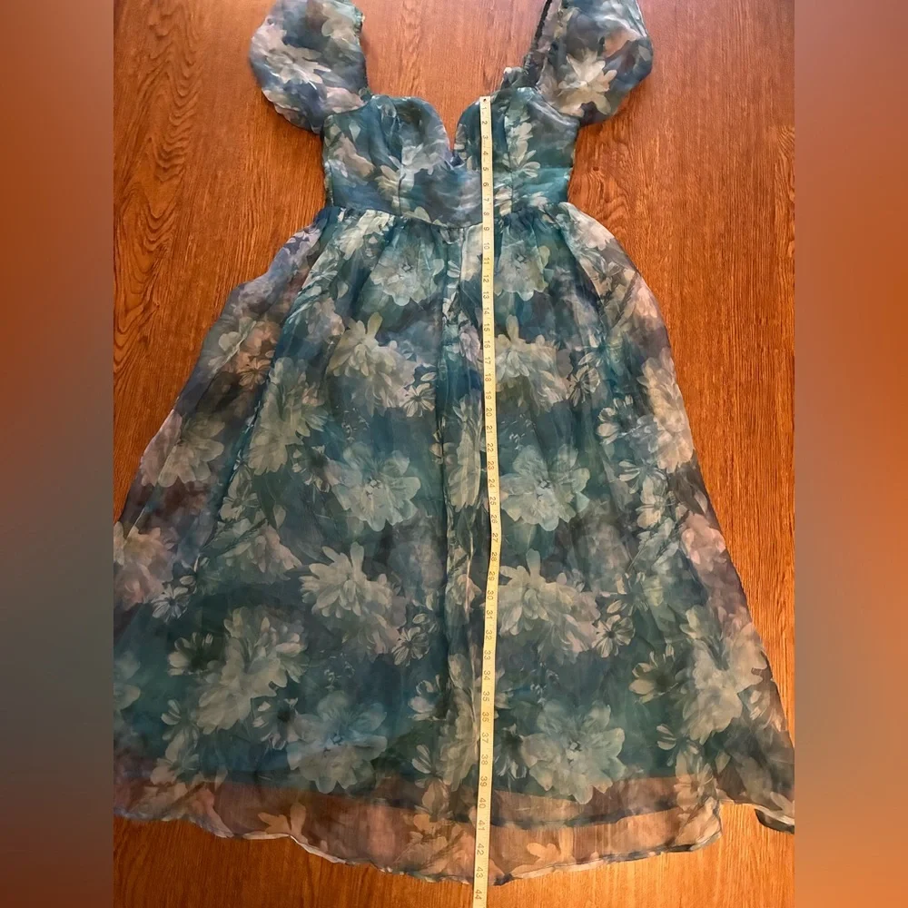 Lulus Lovely Statement Teal Blue Floral Organza Tie-Back Midi Dress - Size M - Picture 13 of 16